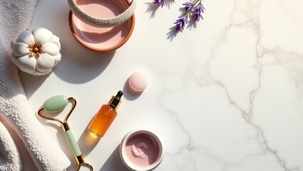 Stylish flat lay with jade face rollers, serum bottle, towel, lavender, and spa elements on marble background. Natural skincare and beauty concept.
