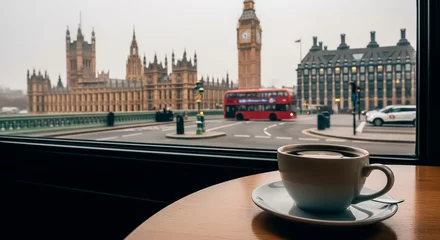 Fototapeten Black coffee served in a classic white mug on a table by the window, Big Ben  © SULEIMA MOTTA