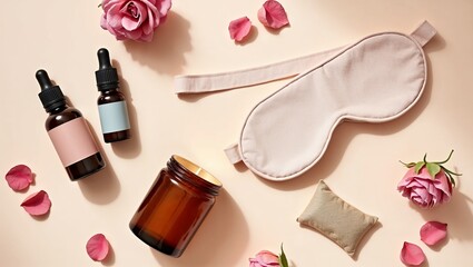 Spa composition with essential oils, aroma candle, sleep mask, flower petals and pouch on soft pastel pink background. Aromatherapy and relaxation concept.