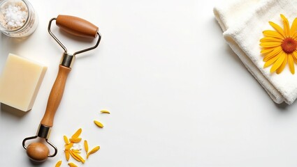 Minimalist spa flat lay with wooden facial roller, handmade soap, bath salt, towel and yellow flowers on white background. Natural skincare concept.