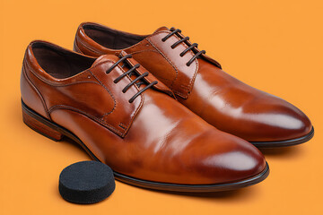 Polished brown leather oxford shoes with black laces and a polishing sponge brown leather shoes