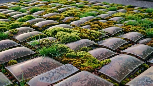 Moss and grass cover unique stone tiles in a serene outdoor space surrounded by nature
