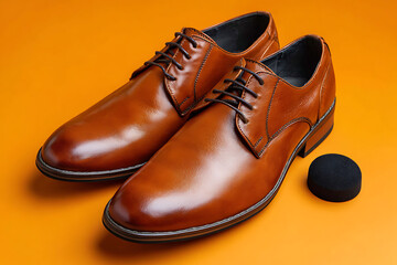 Polished leather dress shoes with black laces and a polishing applicator leather shoes men's fashion