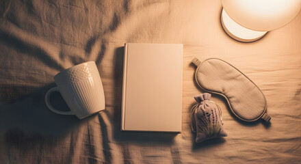Comforting flat lay of bedtime essentials on soft sheets, perfect for unwinding and relaxation.
