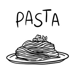 Spaghetti pasta on plate. Hand-drawn vintage engraving in black outline. Italian cuisine vector illustration for menu, culinary projects, or food packaging. Isolated on white.