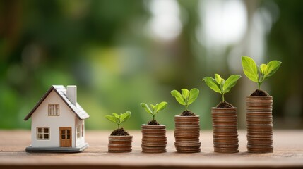 A model house rests beside stacked coins, each topped with small green plants. This visual representation symbolizes financial growth and investment in a natural outdoor setting with sunlight
