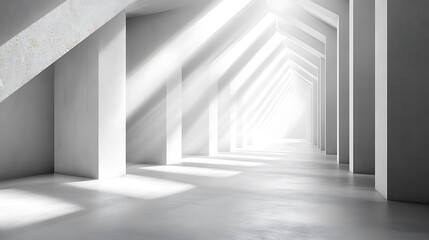 Obraz premium Serene white hallway with architectural columns and sunlight,modern minimalist design interior abstract light and shadow