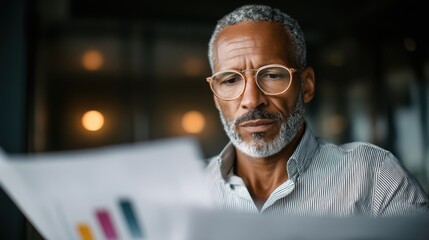 Naklejka premium A man with gray hair and glasses focuses intently on papers in a stylish office. He appears engaged and deep in thought as he reviews the materials