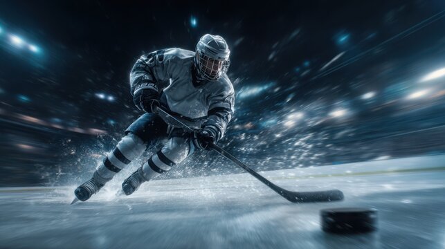 A skilled ice hockey player in a white uniform glides rapidly across the rink, pursuing a puck as lights illuminate the arena. Spectators watch intently from the stands