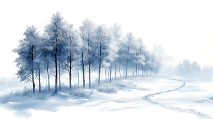 Fototapeta premium Serene winter landscape with snow covered trees and footprints leading through a misty forest glade