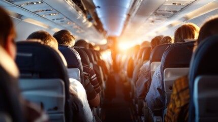 Rows of passengers relax in their seats as the last rays of sunlight illuminate the cabin. The atmosphere is calm, with passengers engaged in various activities