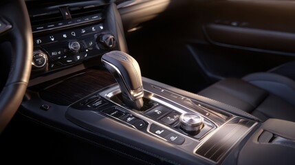 Obraz premium Close-up view of a luxury car interior highlighting a sleek gear shift and various control buttons. The design reflects modern automotive technology and craftsmanship