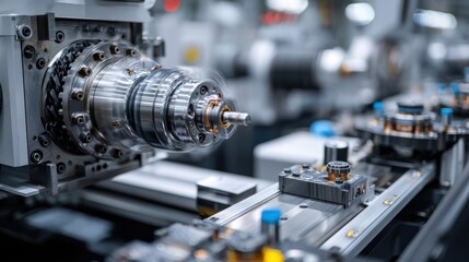 Fototapeta premium Advanced machines are actively processing components in a modern manufacturing environment. The facility is filled with well-organized equipment and precise workflows