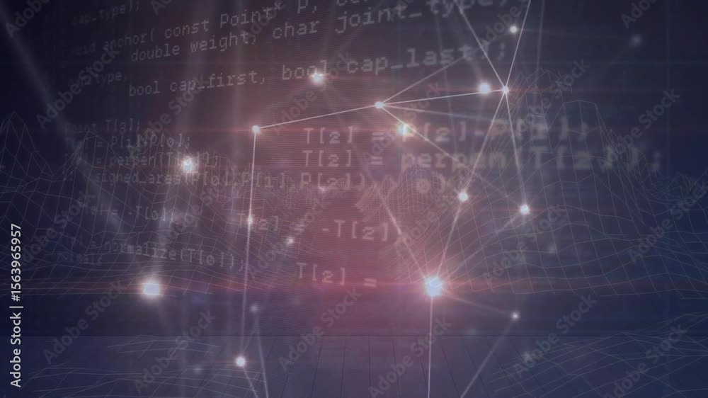 Poster scrolling code on dark violet starting node glow linking lines forming mesh showing network growth
