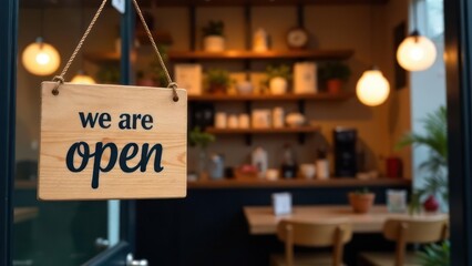 A wooden sign that says "We are open" hangs in a store window. Concept of: Inviting business.