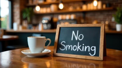 A "No Smoking" sign and a cup of coffee sit on a table in a cafe setting. Concept of: Smoke-free zone with coffee.