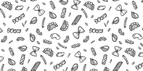 Seamless pasta pattern with Italian macaroni types: Fusilli, Rigatoni, Capellini, Conch, Gobetti, Stelle, Fiori. Vintage hand-drawn doodle food icons. Vector outline background.