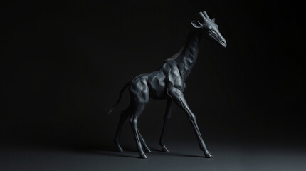 Fototapeta premium A sculptural clay artwork of a giraffe in intense jet black, pure black, deep shadows, modeled shapes, and textured surfaces..jpg