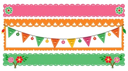 Festive bunting and decorative borders in pink orange and green banner celebration