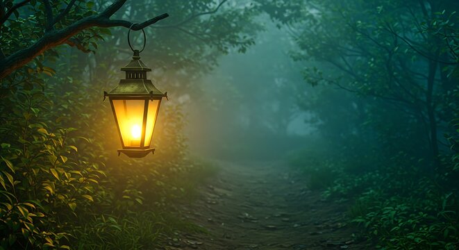 A vintage lantern illuminates a misty forest path, casting warm light on the trees.
