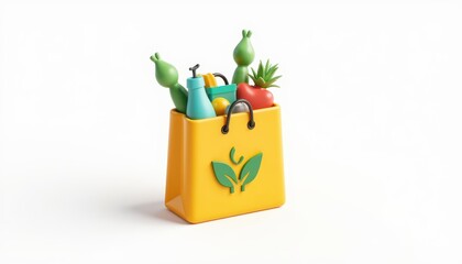 colorful 3d plastic icon of eco friendly shopping bag with leaf symbol, cartoon rendering, isolated on white with clipping mask.