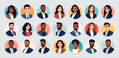 Diverse business people avatars in a grid flat illustration style image