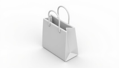 3d isometric plastic shopping bag icon with bright reflective surface, soft edge shadow, isolated on seamless white background.