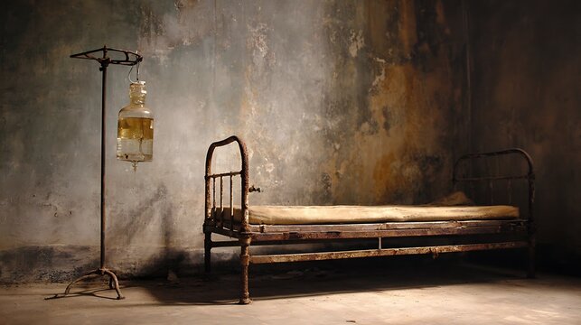 A rusty metal bed and a hanging iv drip stand in a dimly lit, grungy room setting