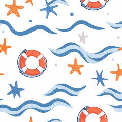 Obraz premium Flat pattern with cartoon lifebuoys, sea stars and light blue wave lines on white, featuring childlike simplified shapes, perfect for playful packaging, summer decor and children’s products