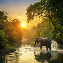Fototapeta premium African elephants at sunset, a large wild mammal silhouette with a baby by the water.