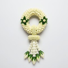 Traditional Thai jasmine flower garland with white and green floral details, ideal for religious ceremonies, weddings, cultural celebrations, or offering visuals