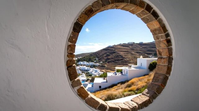 Captivating Greek Village Vista Framed Through a Circular Window Opening