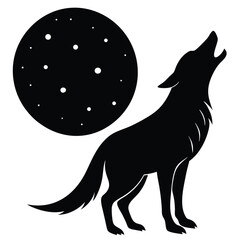 Silhouette of a Howling Wolf Against a Starry Moonlit Sky Evoking Wilderness and Mystery in a Timeless Black and White Composition