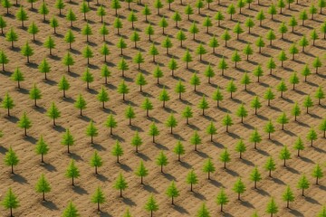 Fototapeta premium Aerial View of Young Tree Saplings in Geometric Grid Pattern on Dry Soil Under Bright Sunlight. Reforestation and Ecological Restoration Landscape