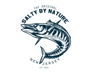Salty by nature new jersey fishing barracuda illustration design vector graphic for apparel and merchandise Vector EPS 