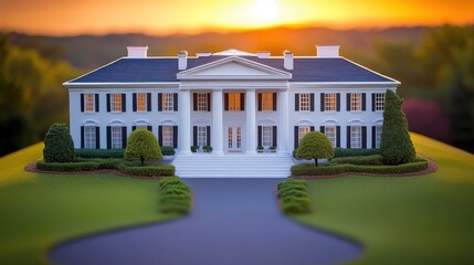 Fototapeta premium Classic White Residence: A grand building with prominent columns, evoking timeless architecture against a soft sunset background.