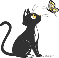 Adorable black cat with yellow eyes looking at butterfly vector art
