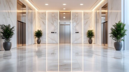 Modern Luxury Lobby: Elegant Marble Floor, Stainless Steel Elevators, Potted Plants