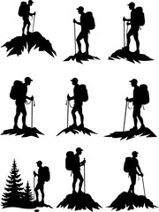 mountain hiker, hiking, trekking, outdoors, adventure,  tree vector bundle
