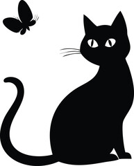 Black cat silhouette with butterfly minimalist vector for decoration