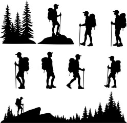 Obraz premium Mountain Hiking Bikers Riding Silhouettes Set vector bundle