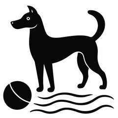 Stylized Silhouette of a Dog with a Ball and Waves, Simple Black and White Design, Playful Companion