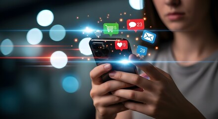 Woman checking social media notifications on smartphone with glowing digital icons at night