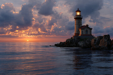 Towering lighthouse on rocky coast at sunset with dramatic clouds ocean rocks