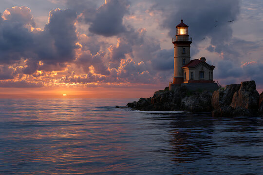 Towering lighthouse on rocky coast at sunset with dramatic clouds ocean rocks