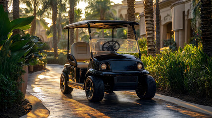 A black golf cart parked on a sunlit paved path surrounded by palm trees and lush greenery in a resort-like setting.