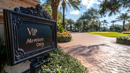 A black ornate sign reads "VIP Members Only" beside a paved walkway surrounded by greenery and palm trees on a sunny day.