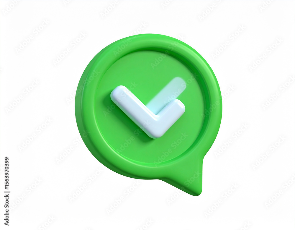 Fototapete A 3d rendered green checkmark icon in a speech bubble represents confirmation approval and success concepts isolated on white