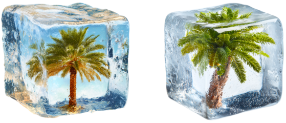 set of 2 artificial palm tree frozen inside ice cubes isolated over white (transparent) background; creative summer holiday, beverage, travel element
