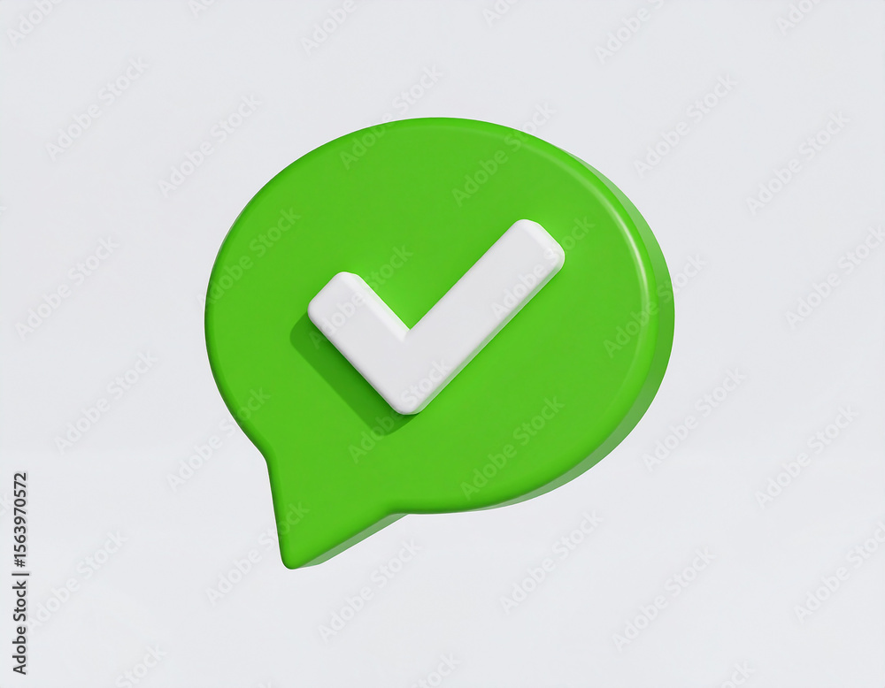 Fototapete 3d rendered green chat bubble with white check mark indicating approval or correct confirmation on a